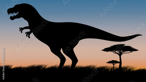 Canvas Print tyrannosaurus rex on safari at sunset, color vector illustration