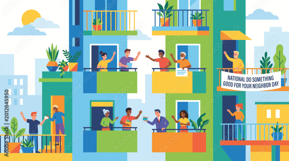 Fototapeta premium Diverse Neighbors Interacting on Colorful Apartment Balconies