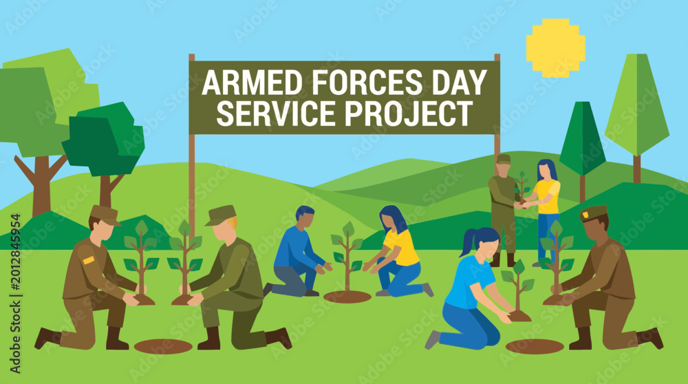 Fototapeta premium Soldiers and Civilians Planting Trees for Armed Forces Day
