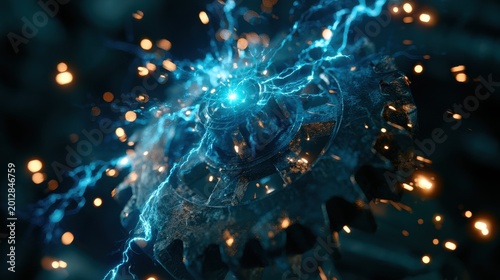 Close up of a metallic industrial gear wheel emitting bright blue electrical lightning bolts and glowing orange sparks in a dark high energy mechanical environment