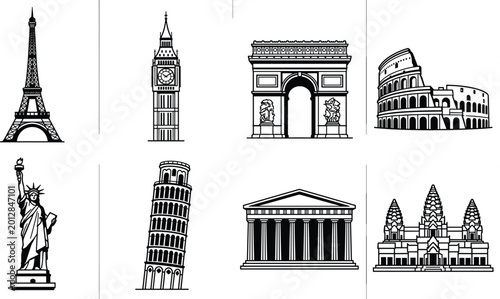 Fényképezés World famous landmark collection featuring eiffel tower big ben arc de triomphe