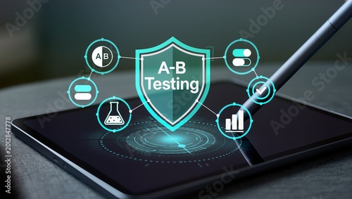 Close up digital pen interacting with tablet displaying A B testing concept for experiment and data