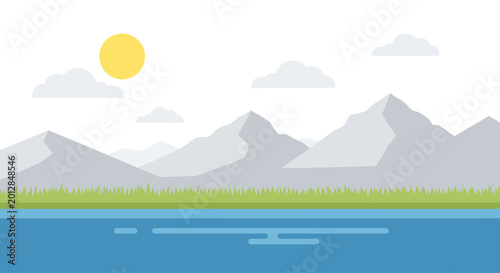 Tableau sur toile Flat design mountain landscape with sun and lake