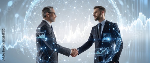 Businessmen shaking hands with digital data interface and financial graph background