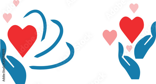 Foto Illustrazione vettoriale di mani aperte che accolgono cuori provenienti dall’alto, simbolo di amore, cura, generosità e connessione emotiva