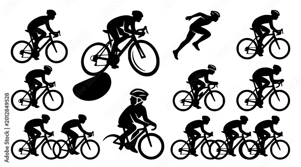 Obraz premium Cycling helmet safety silhouette vector pack bicyclists riding bike illustration set