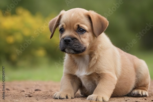 Adorable fawn Puggle puppy sitting outdoors with soft bokeh background and copy space