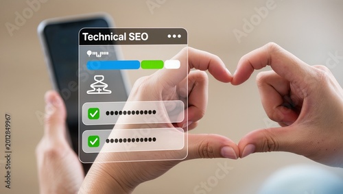 Business person holding smartphone with transparent digital interface showing technical SEO concept