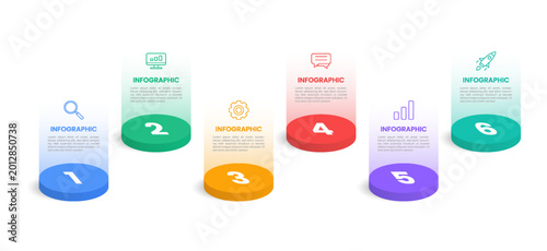Clean 6 step infographic with gradient columns, icons, and 3D circle elements, ideal for workflow, process, and business presentations.