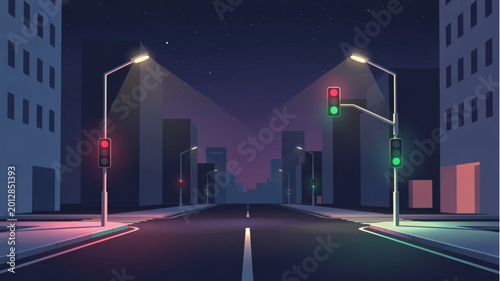 Fotografia City street at night with traffic lights.