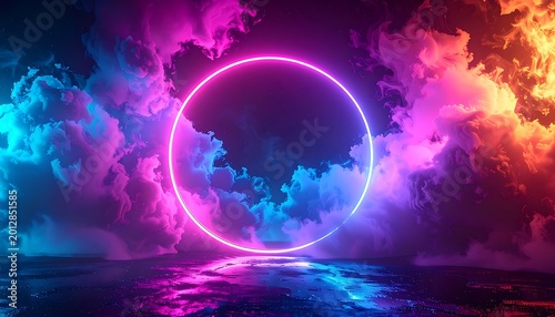 Neon Circle in Colorful Cloudy Sky.