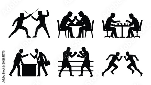 Tableau sur toile Competitive rivalry silhouettes set, 6 vector icons of people in conflict and sp