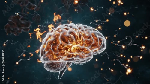 Cognitive Overdrive Neural Network Explosion Transparent Brain On Fire 360 Orbit Video Keynote Background