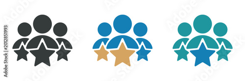 Group Of People With Stars Icon Set, Team And Customer Rating Symbols, User Review And Satisfaction Score Vector Illustration Design.