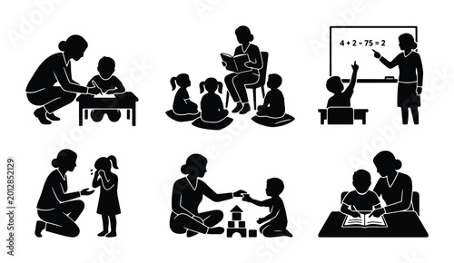 Obraz na plátně Preschool teacher silhouette set, kindergarten educator and children icons, earl