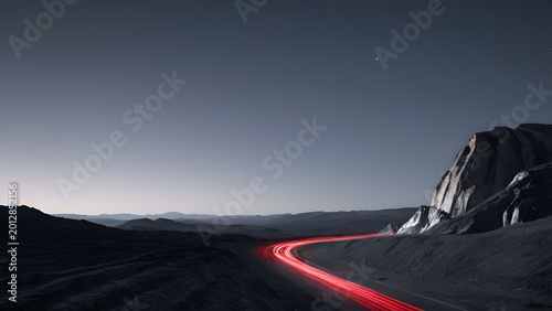 Car light trails on dark highway at night with moon and mountains