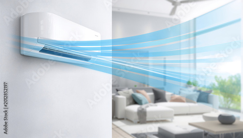 Bild auf Leinwand 白い壁から涼風が広がるルームエアコン、快適な室内空調を表現した家電写真