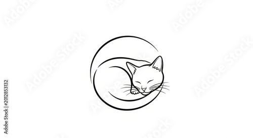 Minimal Line Art Cat Sleeping Inside Circle.