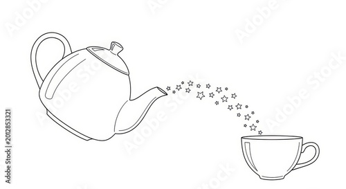Minimal Line Art Teapot Pouring Tea into Cup.