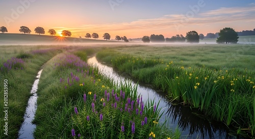 Serene Morning Landscape - River, Meadow, and Sunrise.