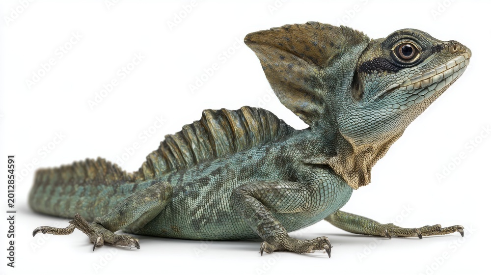 Fototapeta premium Detailed basilisk lizard reptile isolated on white background realistic tropical wildlife closeup exotic animal portrait with natural shadow illustration