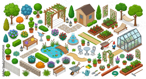 Φωτογραφία garden elements and landscaping illustration on white background