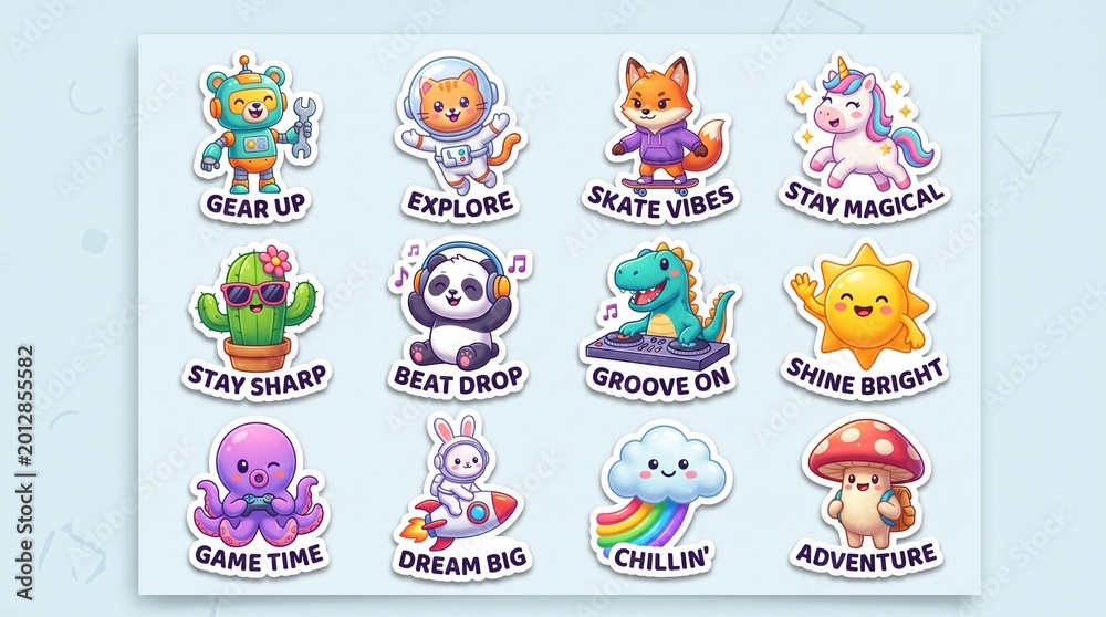 Obraz premium Collection of cute stickers featuring various cartoon animals and objects with inspirational phrases on a soft background