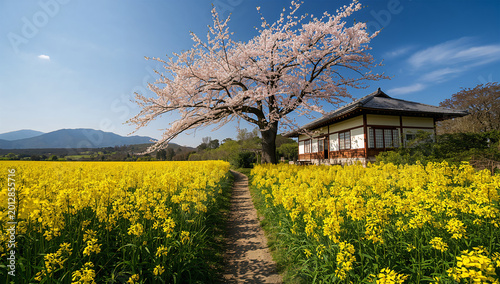 Tableau sur toile 菜の花と桜に囲まれた日本家屋がたたずむ春の里山風景
