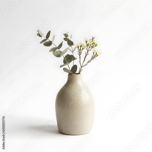 A beige vase with green leaves and white flowers on white background
