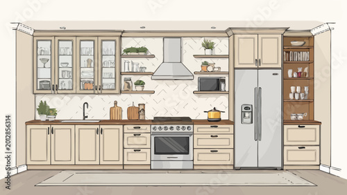 Modern kitchen interior design sketch with cabinets, appliances and open shelving