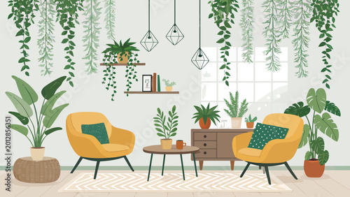 Cozy living room interior with houseplants, yellow armchairs and coffee table vector illustration