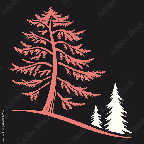 Pine tree in flat icon style, simple bold colours, black background