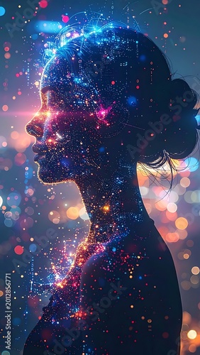 Woman silhouette with glowing neural network.