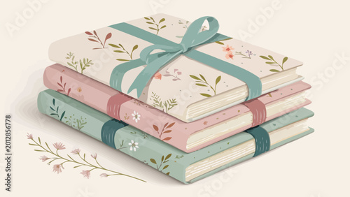 Stack of three vintage floral journals with ribbons