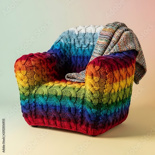 Rainbow Knitted Chair with Blanket - Cozy and Colorful.