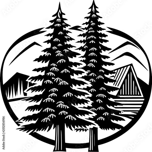 Pine tree silhouette with abstract shapes background, modern art style, white background