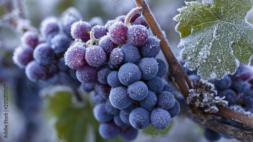 Frost clings to deep purple grapes on a vine. Leaves glisten with icy dew. Branches twist gently in the cold air. Nature's quiet stillness after frost. Perfect for seasonal imagery or harvest themes