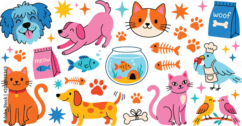 Obraz premium Hand-Drawn Vector Collection of Dogs, Cats, Birds, and Fish