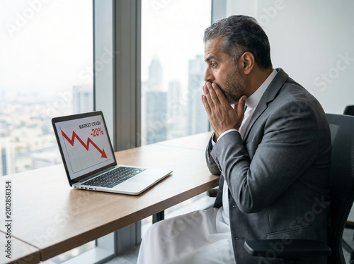 Arab Businessman Shocked at Laptop Showing Stock Market Crash – Dramatic Investor Reaction to Financial Loss, Ultra Realistic Office Scene, Close-Up and Wide Shot
