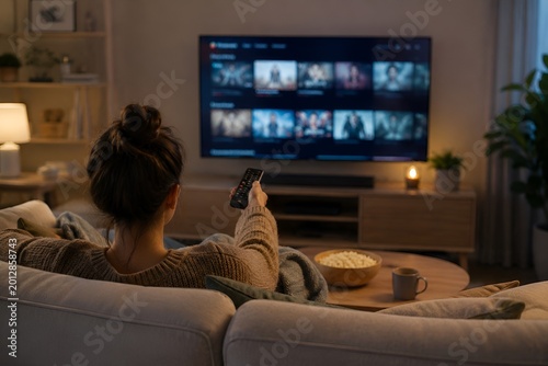 Woman Watching Streaming Service on TV at Home