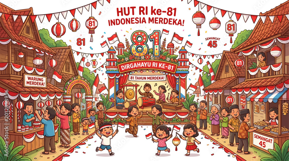 Fototapeta premium Cartoon village festival celebrating Indonesia's 81st Independence Day with red and white decorations, lanterns, music, and happy children playing in the streets with a large '81'