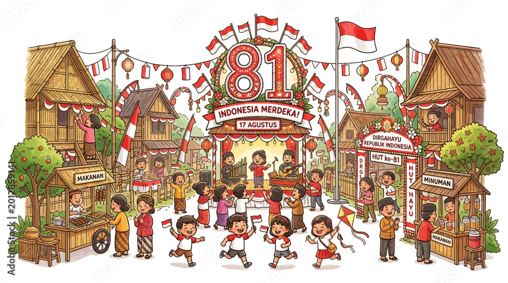 Fototapeta premium Cartoon village festival celebrating Indonesia's 81st Independence Day with villagers decorating streets with red and white ornaments, lanterns, and music performances, featuring happy