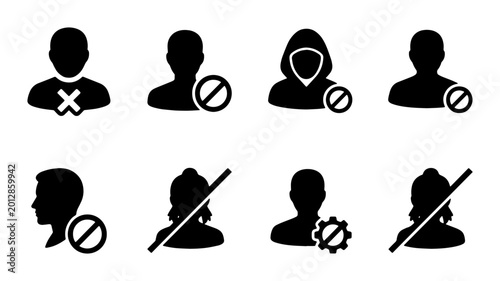 Tableau sur toile Black user block icons set, restricted profile avatar symbols, 8 vector elements