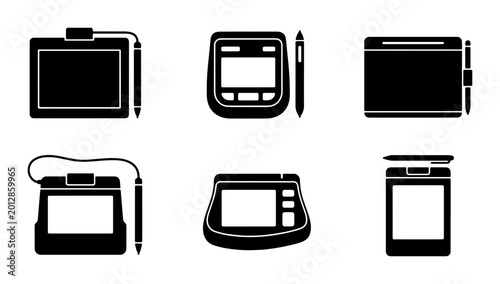 Schilderij op canvas Graphic design tablet icons set, digital drawing pad with stylus pen silhouettes