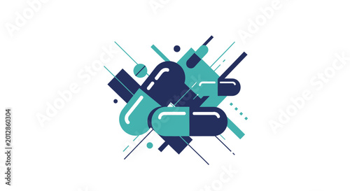 Abstract Pills Illustration with Geometric Shapes in Dual Shades of Cyan and Navy