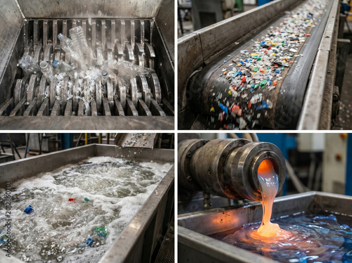 Industrial Plastic Recycling Process Close-Up – Machines Crushing Bottles, Washing Tanks, Conveyor Belts, and Melting System