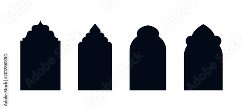 An Islamic esoteric frame set featuring a Ramadan Kareem arch and window, Arabic, Muslim architecture, and a mosque, oriental-style patterns door silhouette of an black on a white background.