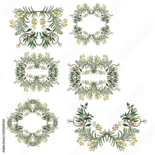 Set de motifs floraux , fleurs mimosa et feuillages