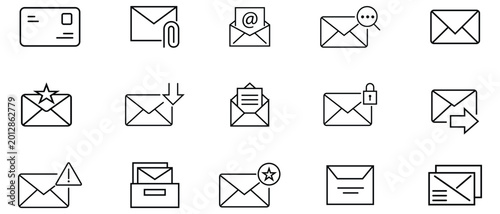 Collection of various E-mail icons in trendy line design. Containing notification, send mail, inbox, contact, send, receive, message and more. For website marketing design. Vector illustration.