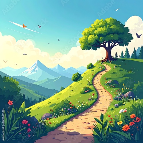 Serene landscape with tree and pathway.